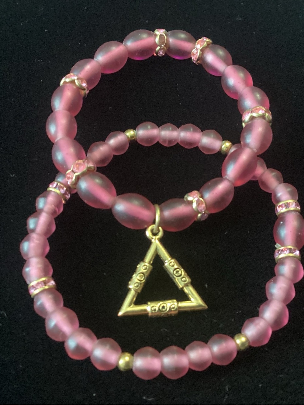 Pink Beaded Stretch Bracelet Two with Gold Triangle Charm